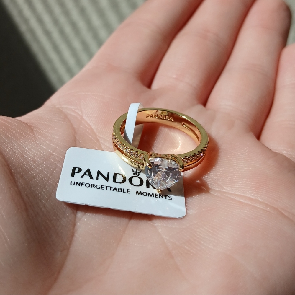 Pandora Sparkling Heart Double Band Ring | 14k Gold Plated NWT - Picture 3 of 6